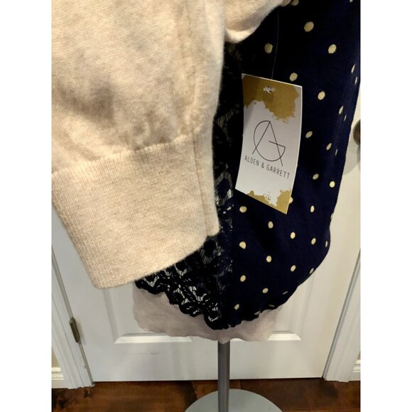 Camellia Tan & Navy Blue Button-Up Cardigan W/ Floral Lace, Size Medium, NWT! - Picture 5 of 9